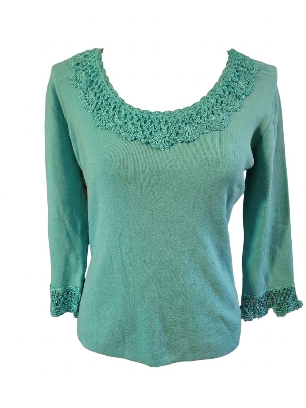 Joseph A Teal Scoop Neck Sweater with Crochet Trim